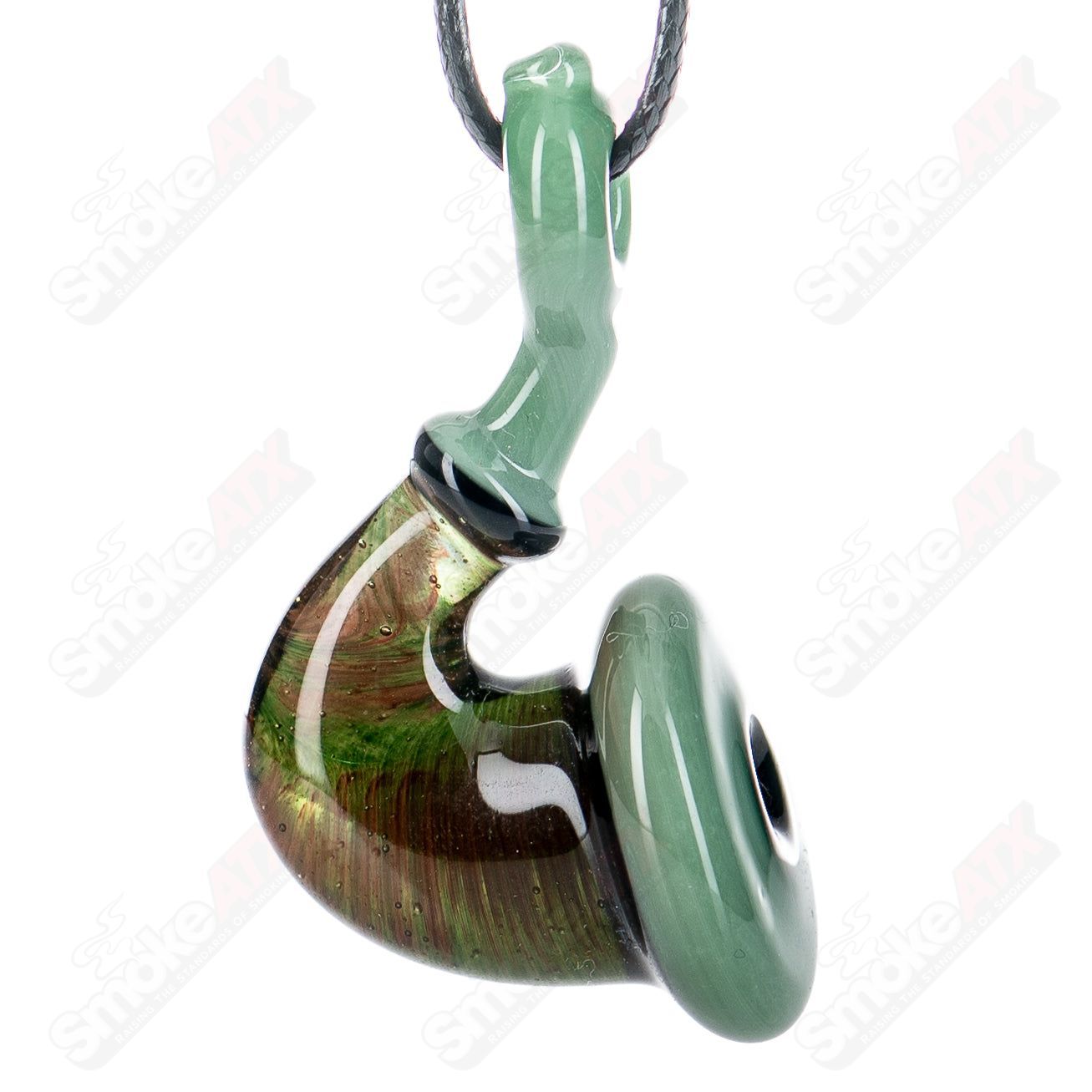 JMass Sherlock Pendant made of heady glass, featuring intricate design and vibrant colors, hanging from a chain.