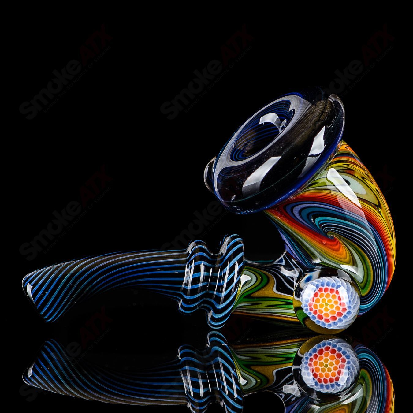Small Wig Wag Sherlock heady glass pipe with Milli accent by JMass, featuring intricate glasswork and vibrant colors.