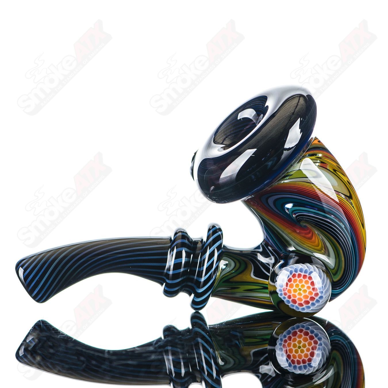 Small Wig Wag Sherlock heady glass pipe with Milli accent by JMass, featuring intricate glasswork and vibrant design details.