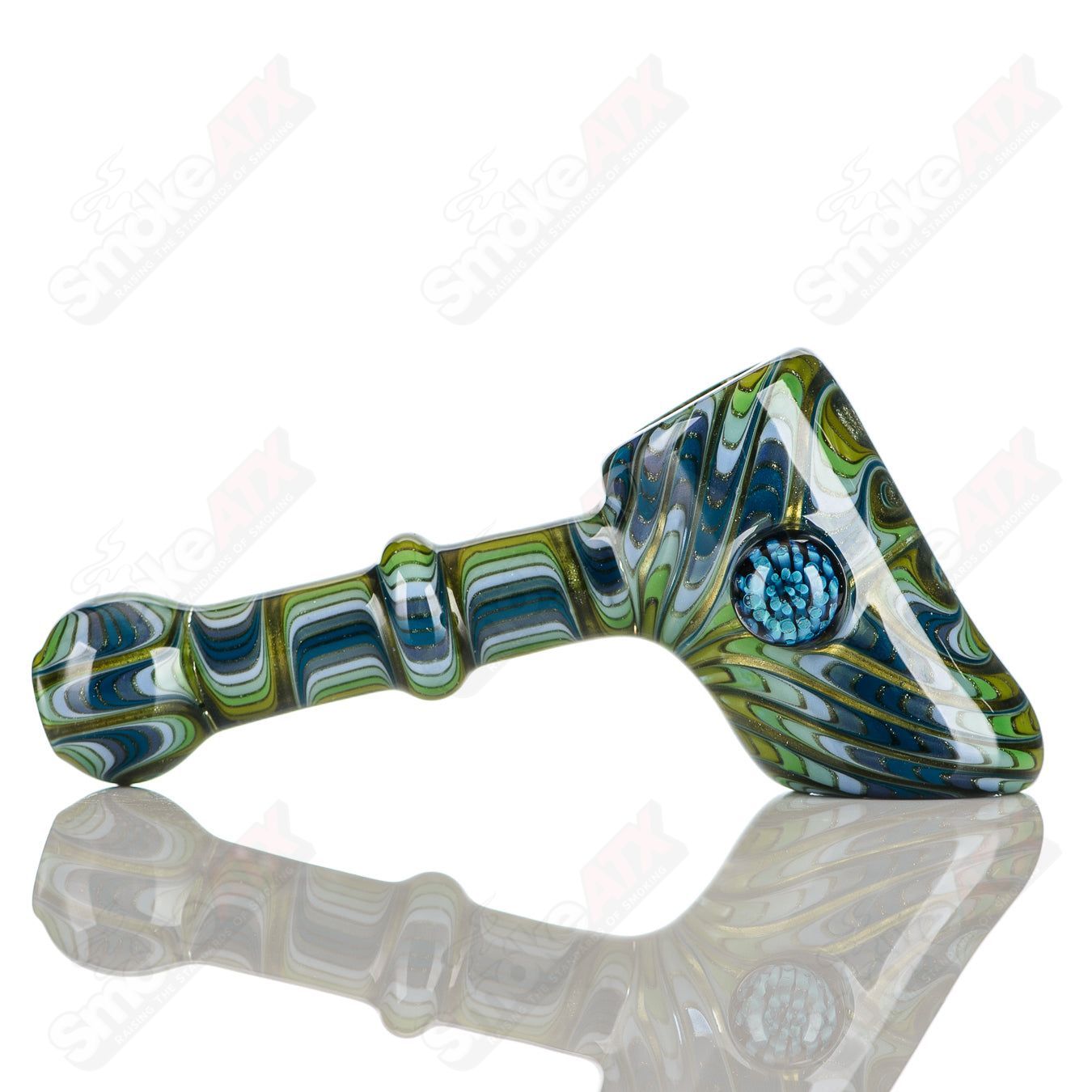 Katy Wright Glass Wig Wag Hammer Dry Pipe, colorful heady glass hand pipe with wig wag design and hammer shape.