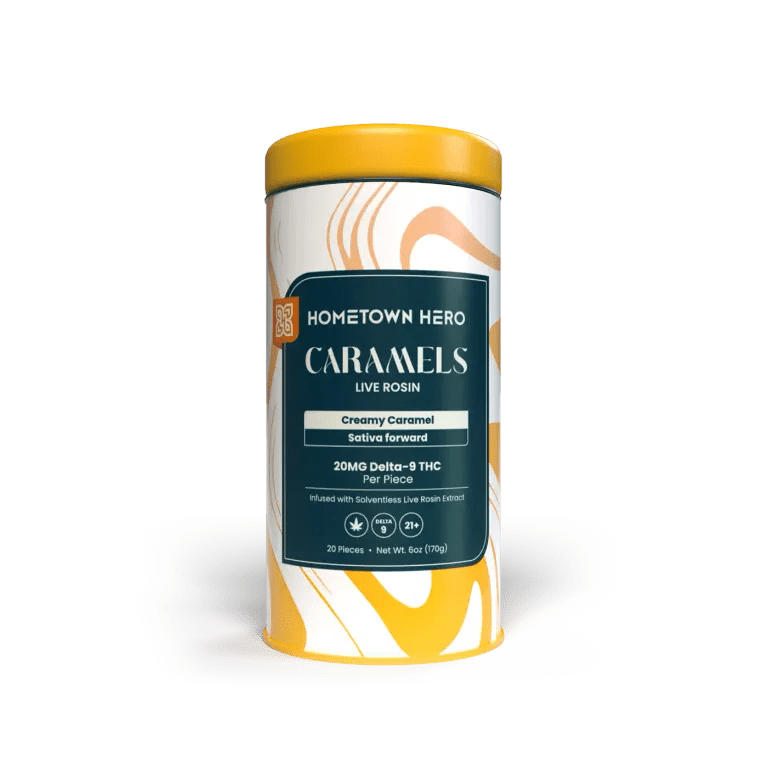 Hometown Hero 400mg Delta-9 Live Rosin Caramel hemp edible showing a caramel piece with packaging in background