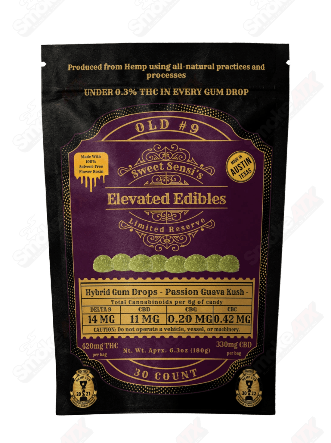 420mg D9 hybrid hemp edibles, Passion Guava Kush gummy drops by Sweet Sensi, featuring sweet, flavorful cannabis-infused gummies.
