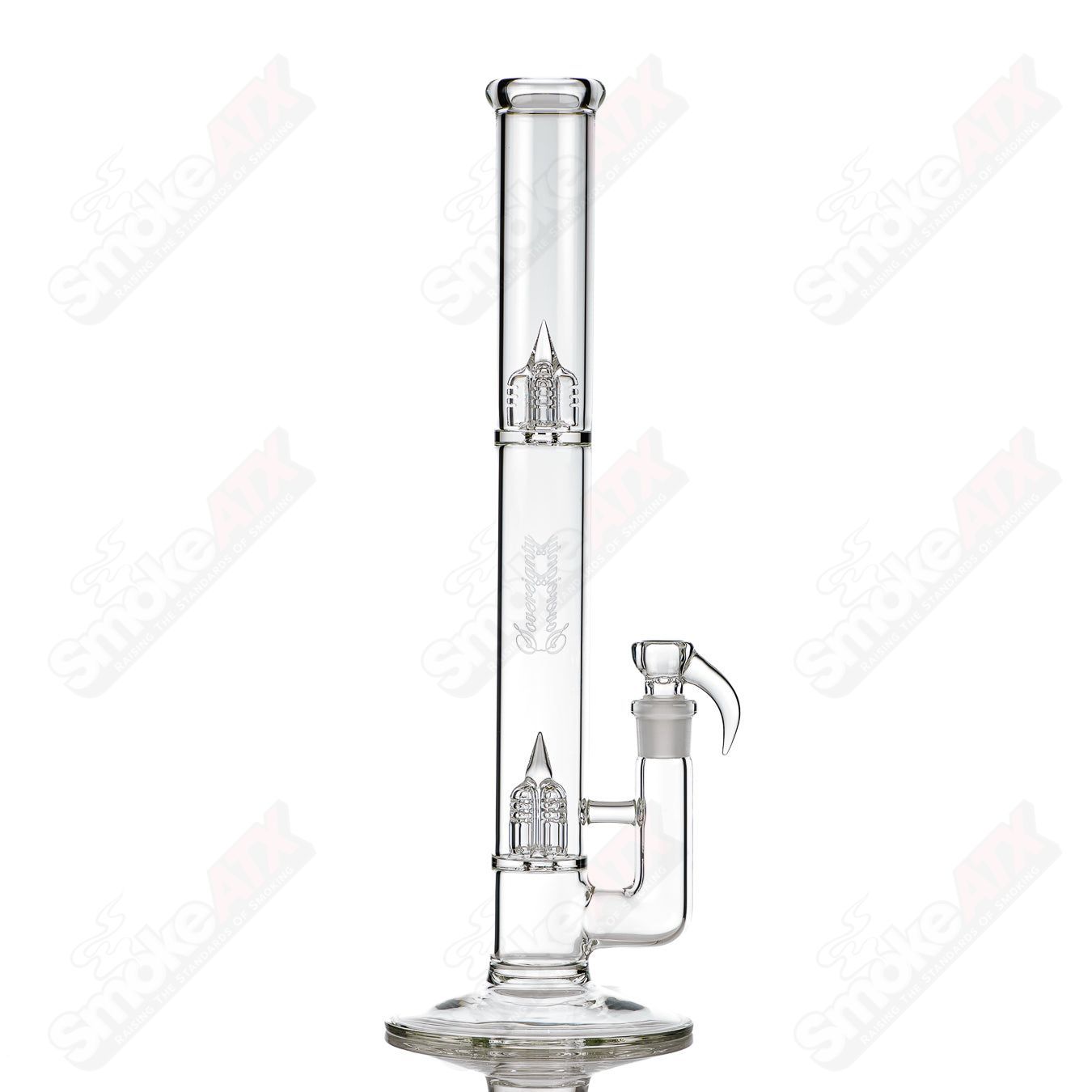 44x4 Inv4 Sovereignty glass straight tube pipe with clear glass and subtle design details, showcasing craftsmanship by Sovereignty Glass.