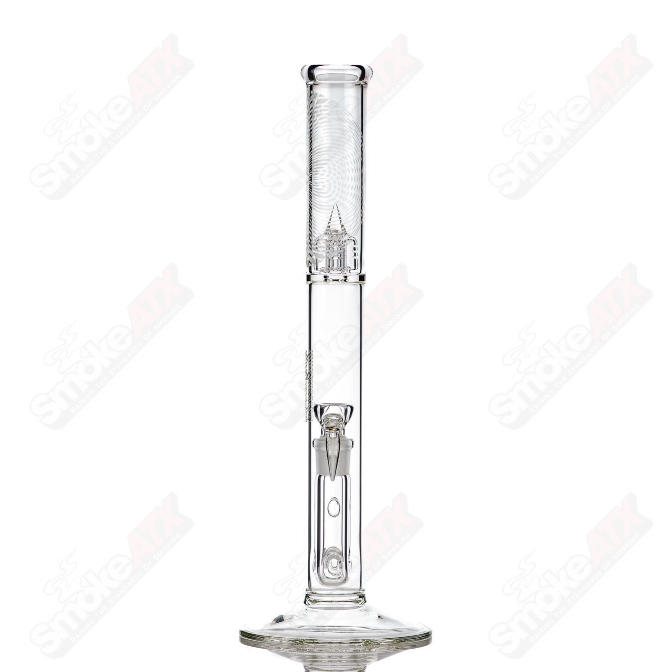 44x4 Sovereignty Glass Stemline clear straight tube with Retti Blast design, featuring vibrant, textured glass accents and a sleek shape.