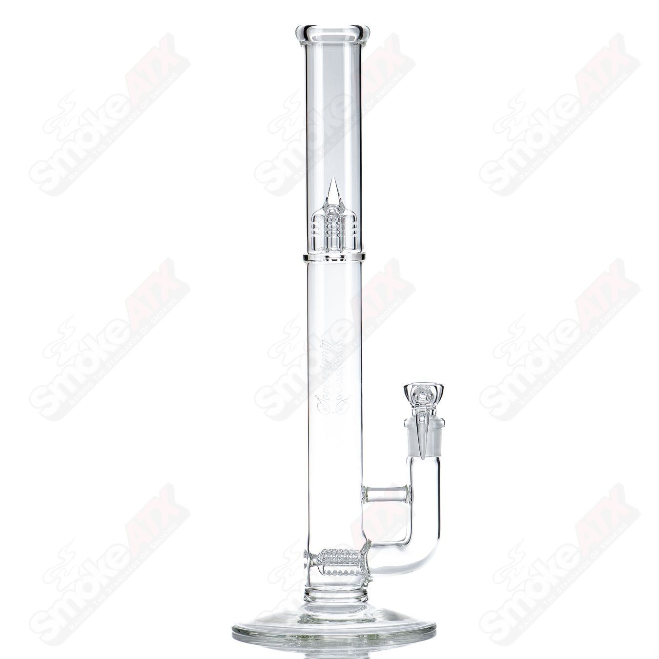 Clear Sovereignty Glass 44x4 Threeline Straight Tube with three-line design, showcasing its sleek and transparent glass construction.
