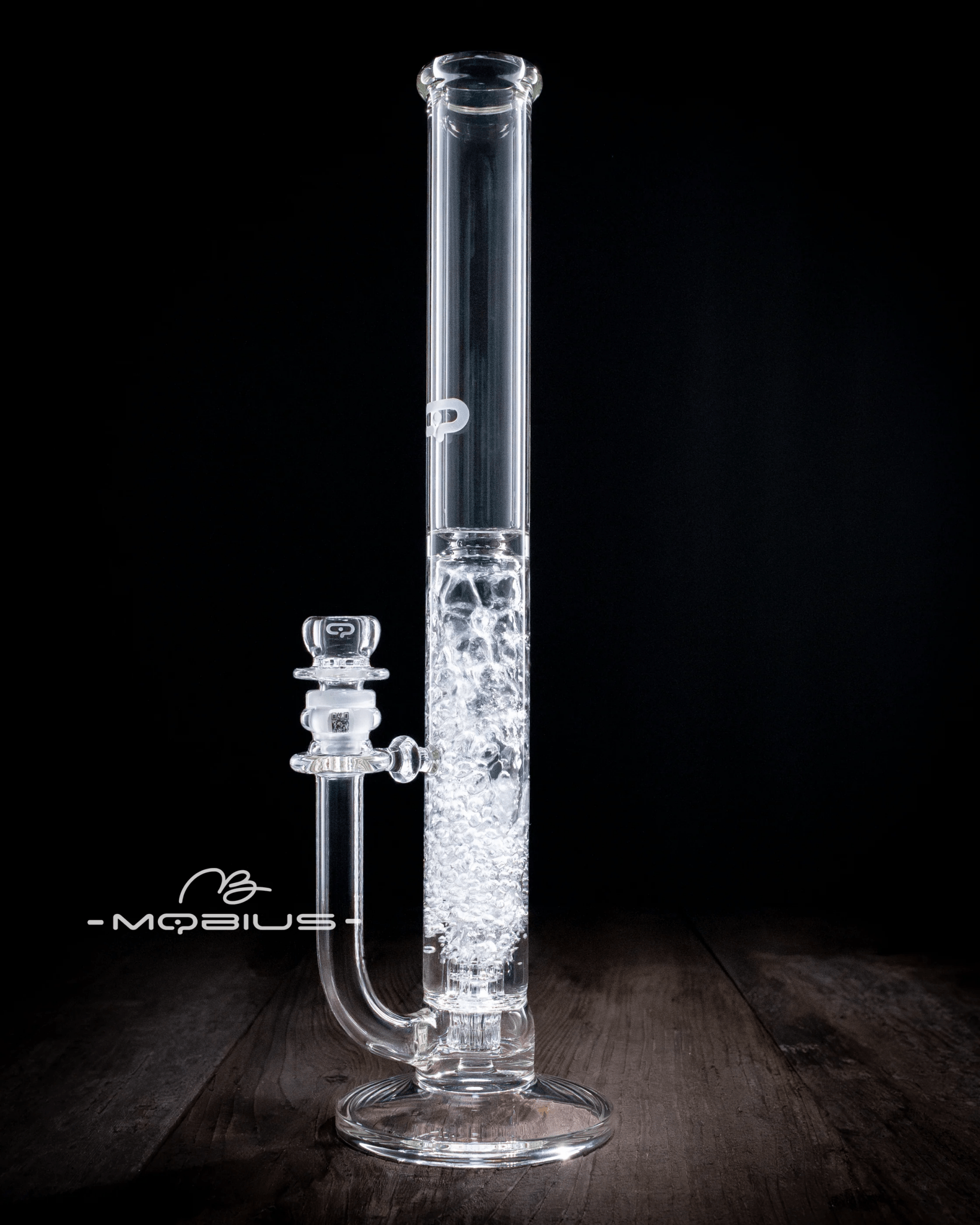 Clear glass 45T Tall Stereo Matrix V1 Mobius waterpipe with intricate design and tall stature for smooth smoking experience.