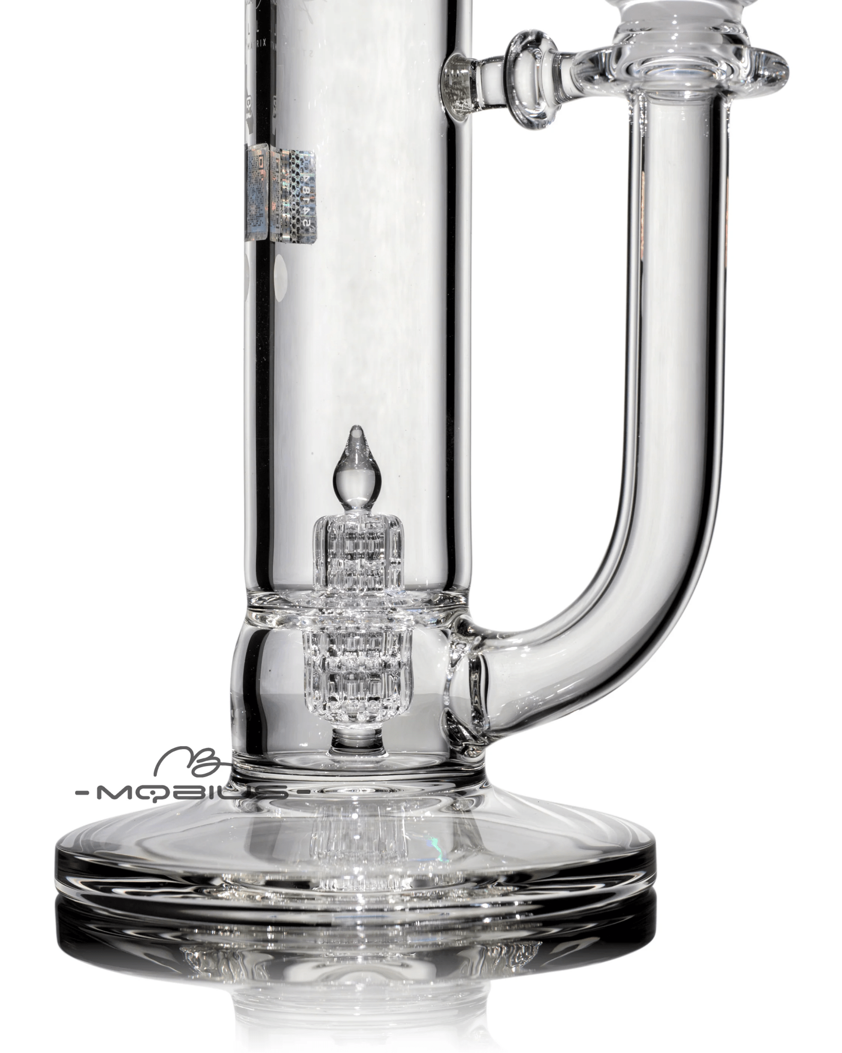 Clear glass 45T Tall Stereo Matrix V1 Mobius waterpipe with intricate design and tall structure for smooth smoking experience.