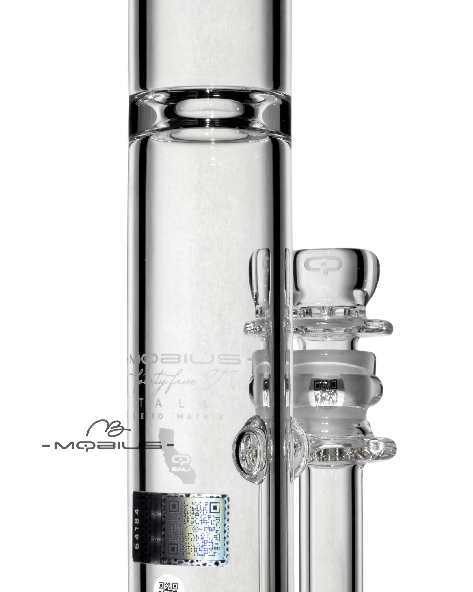 Clear 45T Tall Stereo Matrix V1 Mobius glass waterpipe with intricate design and sturdy construction.