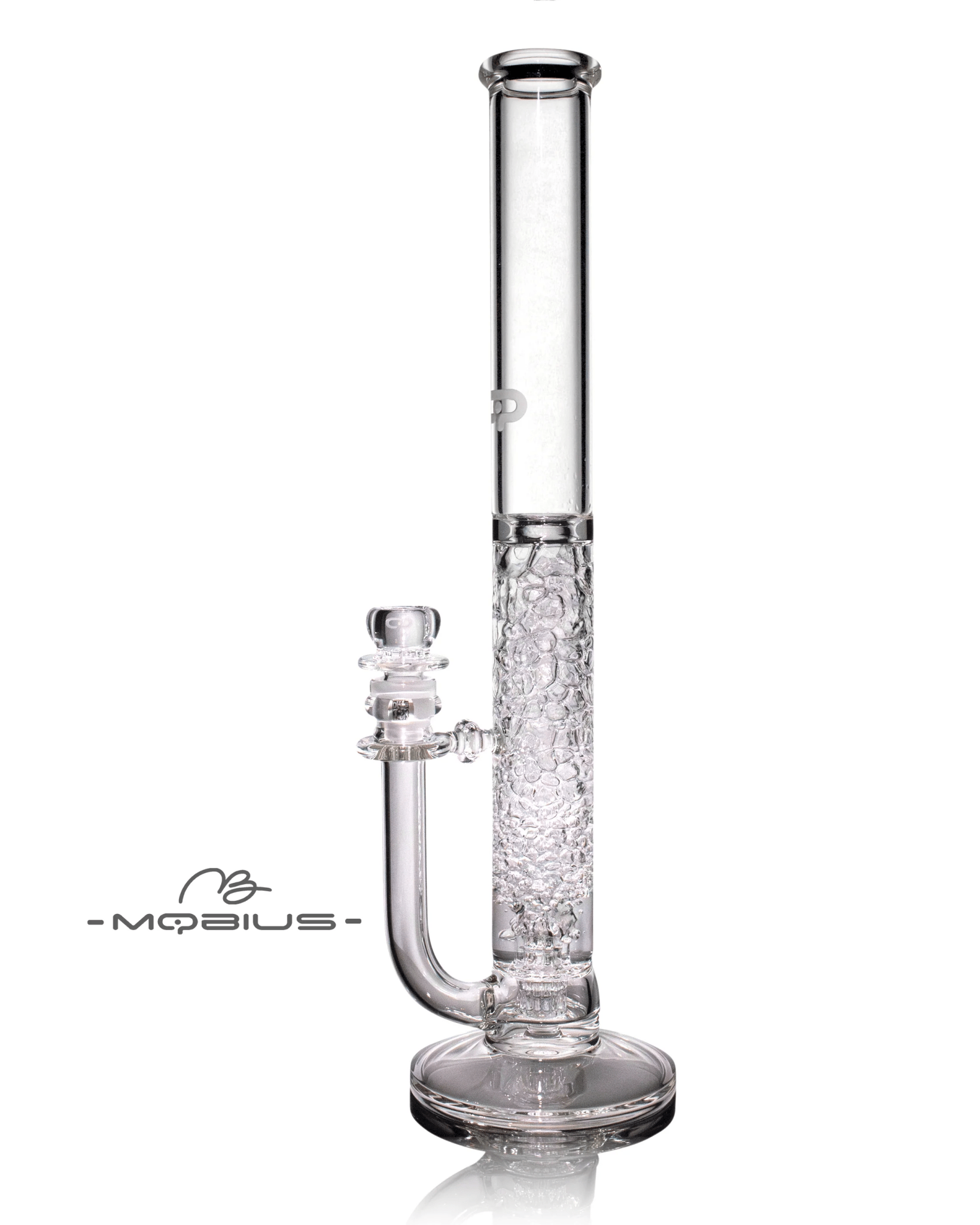 Clear 45T Tall Stereo Matrix V1 Mobius glass waterpipe with intricate design and sturdy construction.