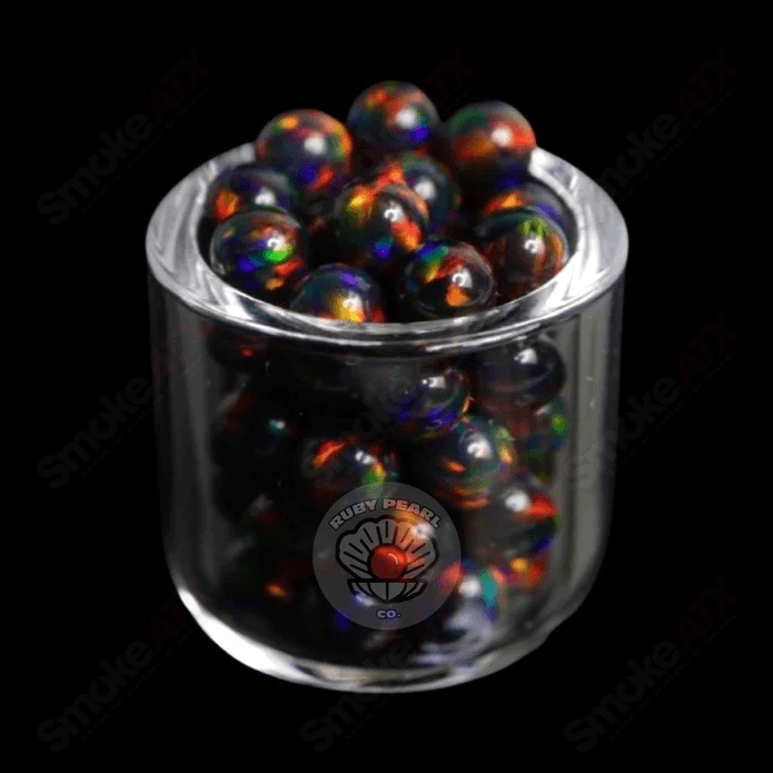 4mm black opal and ruby glass pearls from Ruby Pearl Company, close-up of smooth, round jewelry beads.