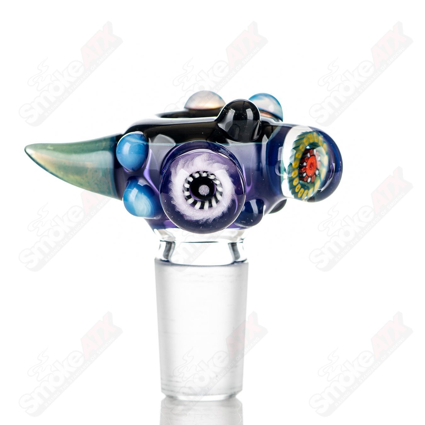 JMass 19mm full-color worked horn Milli bowl for heady glass pipes, featuring vibrant horn design and intricate craftsmanship.