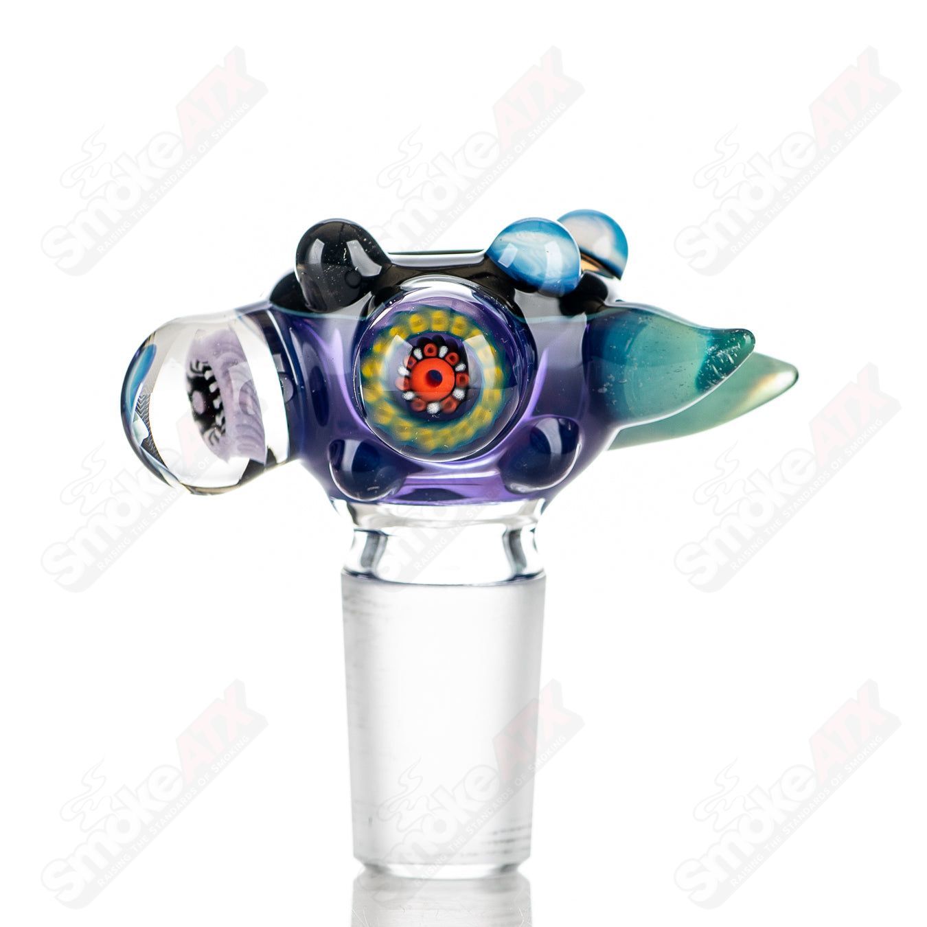 Colorful JMass 19mm full-color worked horn milli bowl for heady glass pipes, featuring intricate horn design details.