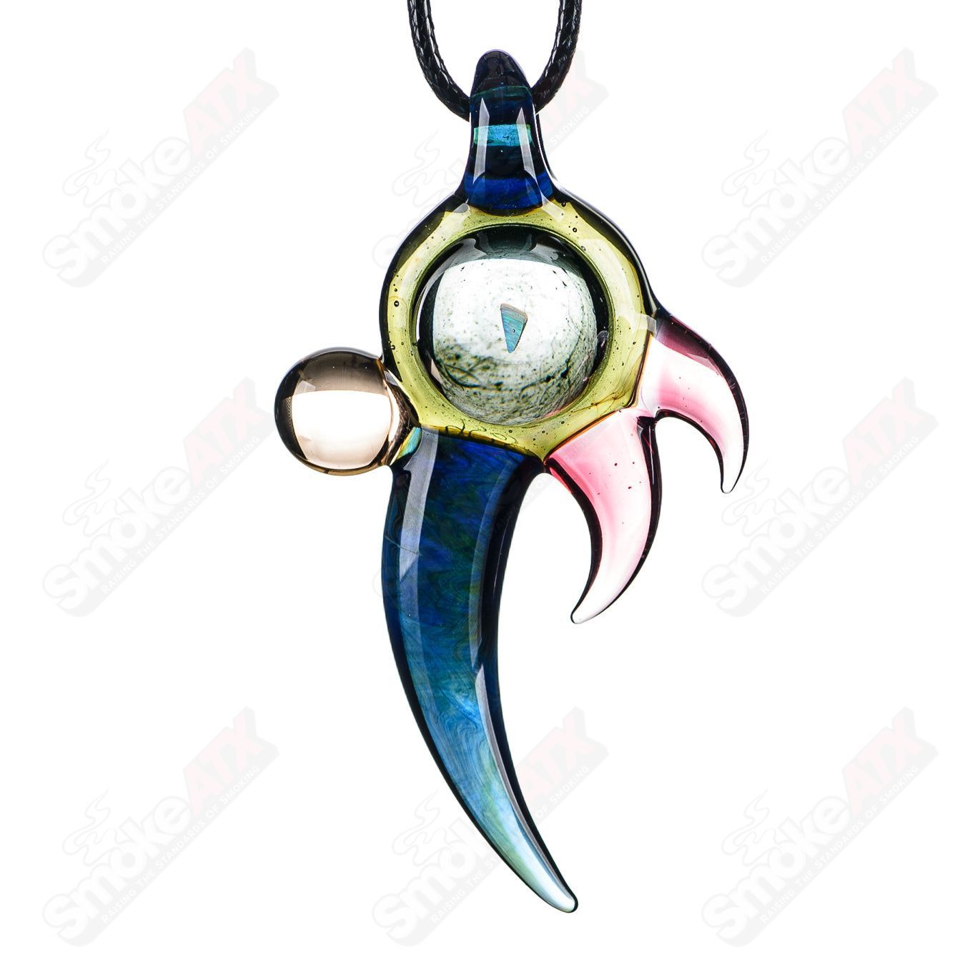Dosh Glass #5 Amulet Pendant made of colorful Dosh Glass with intricate design, hangs as a stylish heady glass pendant.