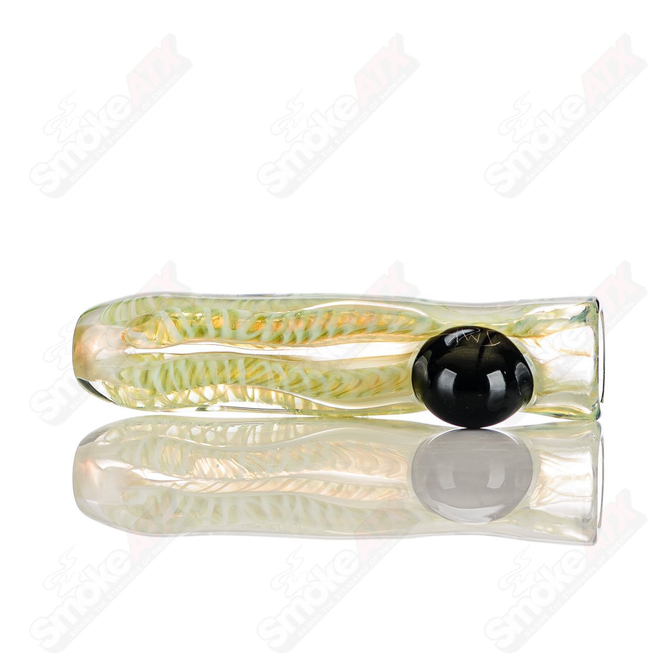 Signed JMK Glass #5 I/O Worked Chillum, clear glass pipe with intricate worked design and signature detail.