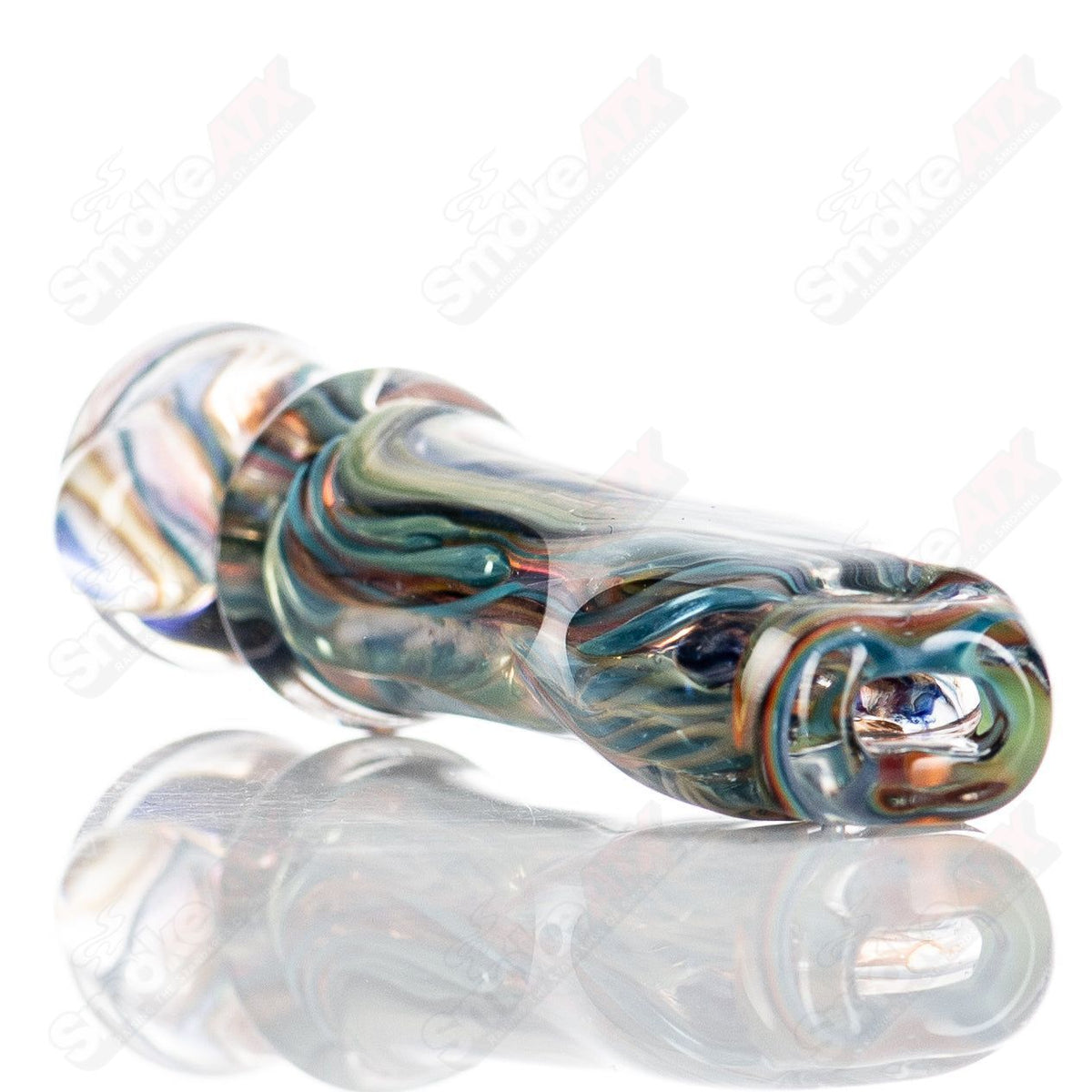 Molten Imagination #5 sm ISO Bat Chillum glass hand pipe for smoking, featuring a compact, cylindrical design with colorful accents.
