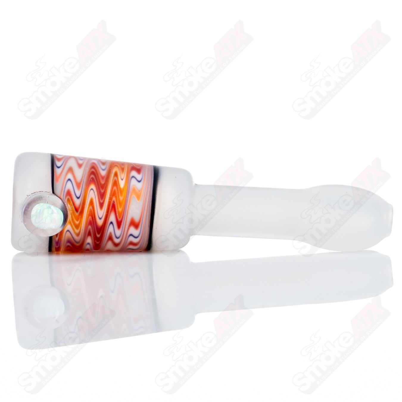 Kirkland Glassworks #5 Wig Wag Chillum, clear heady glass pipe with colorful wig wag design, used for smoking.