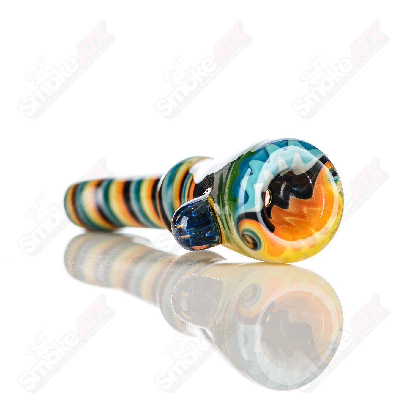 Katy Wright Glass Heady Chillum with Wig Wag design, clear glass pipe for smoking, featuring intricate pattern details.