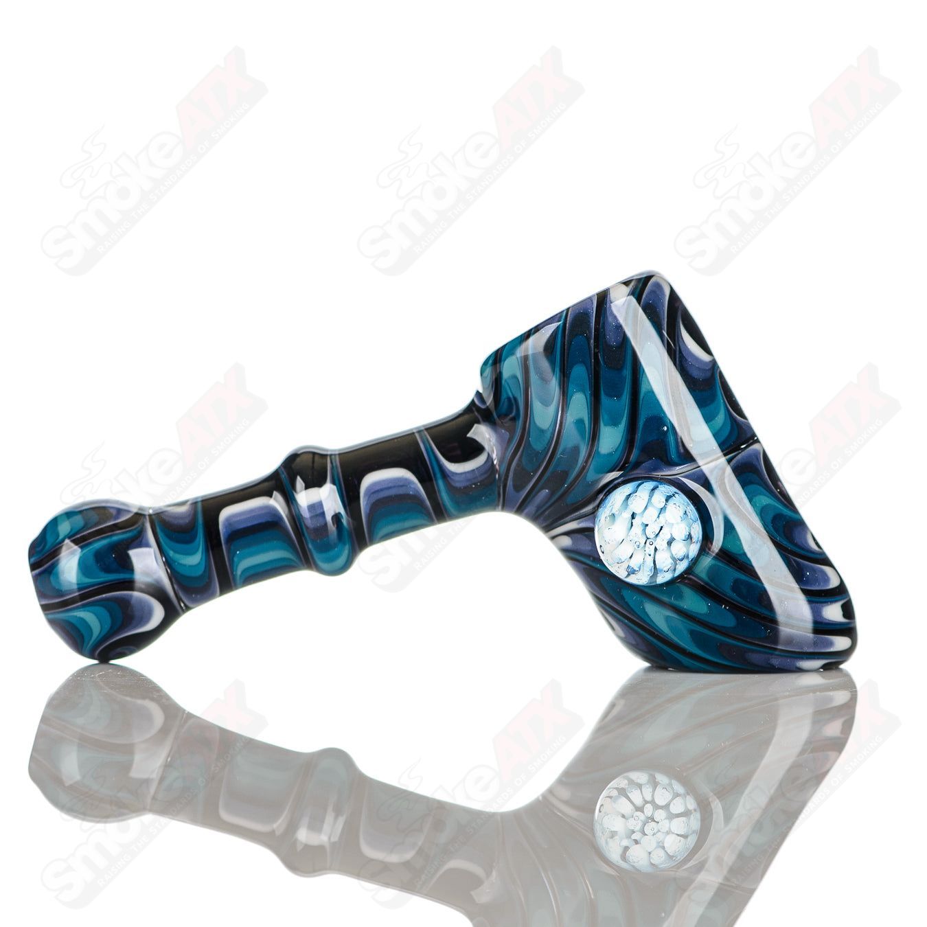 Katy Wright Glass Wig Wag Hammer Dry Pipe, heady glass hand pipe with colorful wig wag design and textured hammer shape.