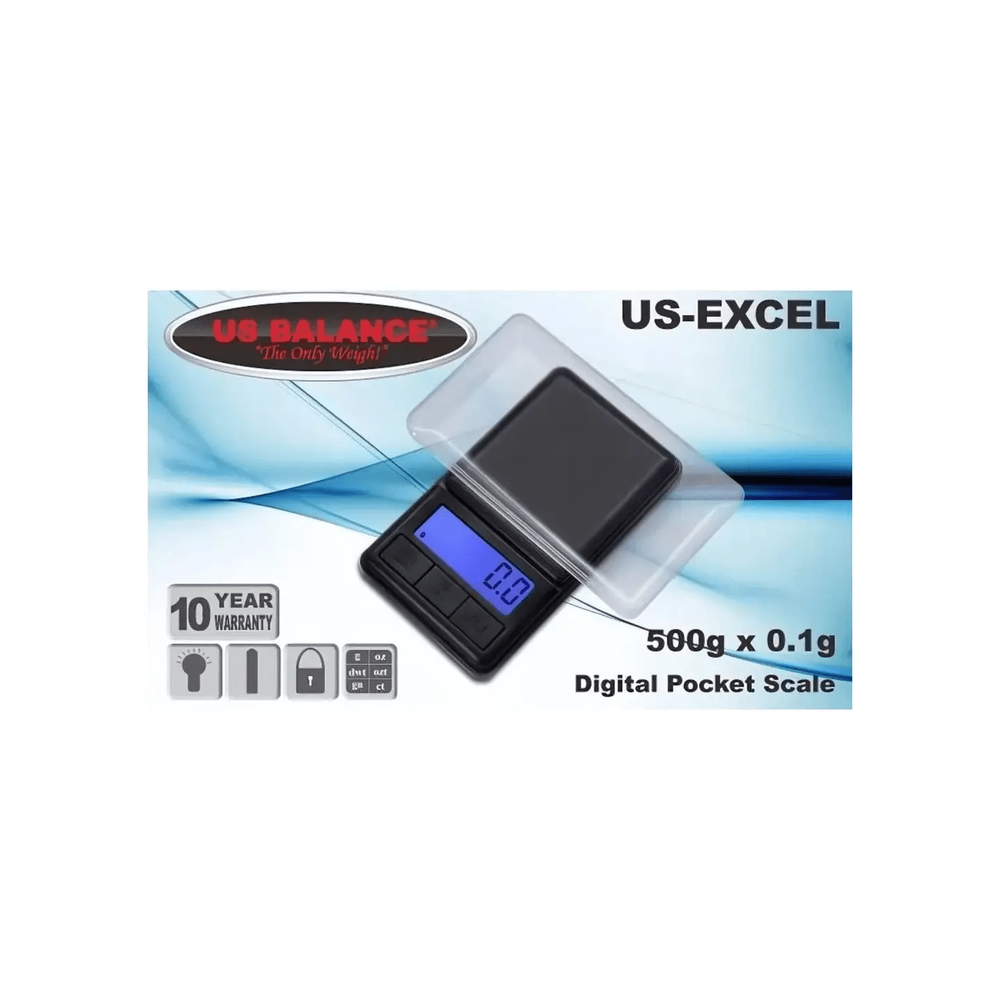 US Balance digital scale measuring up to 500g with 0.1g precision, compact electronic balance for accurate weight measurement.