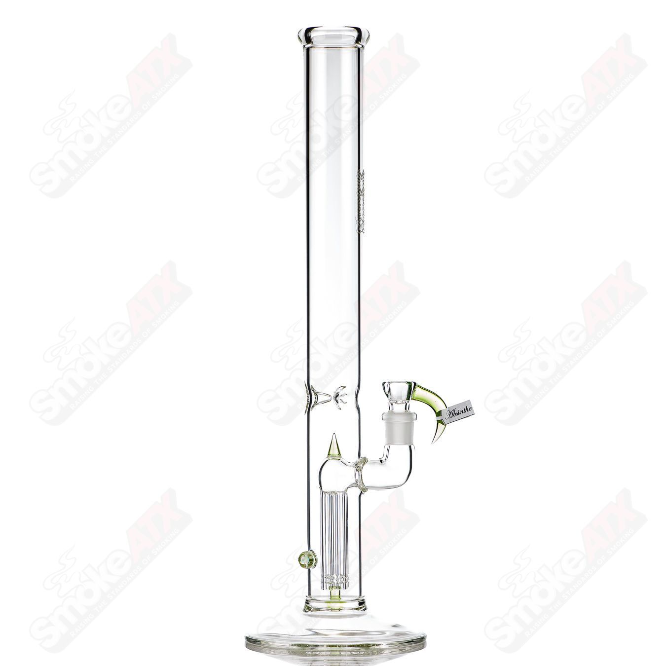 Sovereignty Glass 50x5 fixed 4-arm partial accent straight tube with Millie Absinth design, clear glass, intricate details.
