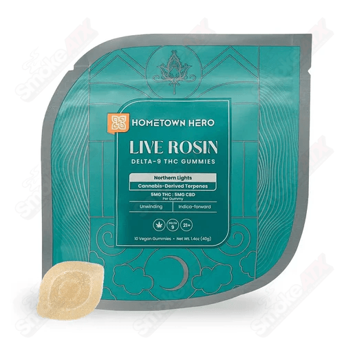 Hometown Hero hemp edibles featuring 5mg Northern Lights Delta-9 CBD live rosin gummies on a white background.