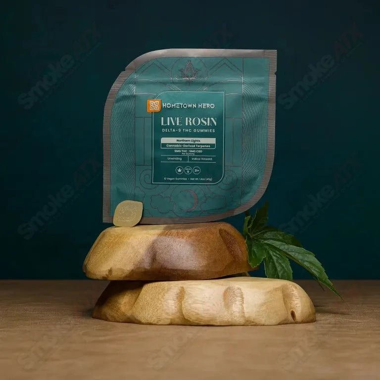 Hometown Hero Hemp edibles: 5mg Northern Lights Delta-9/CBD live rosin gummies in colorful packaging.