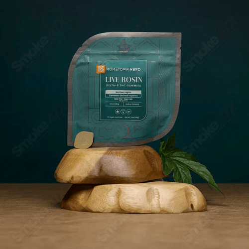 Hometown Hero Northern Lights Delta-9 CBD live rosin gummies, hemp edibles with 5mg per piece, showing colorful gummy candies.