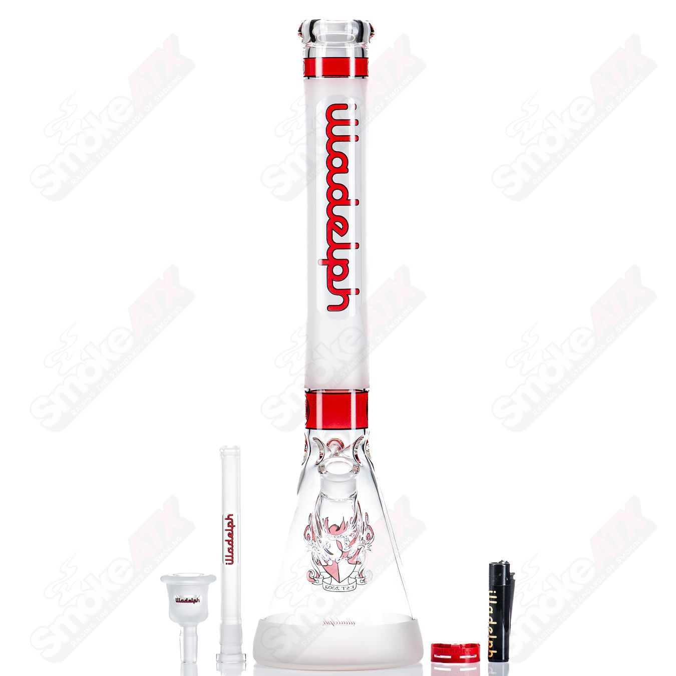 Red 5mm frosted medium beaker by Illadelph, made of glass, featuring a classic beaker shape with a smooth frosted finish.