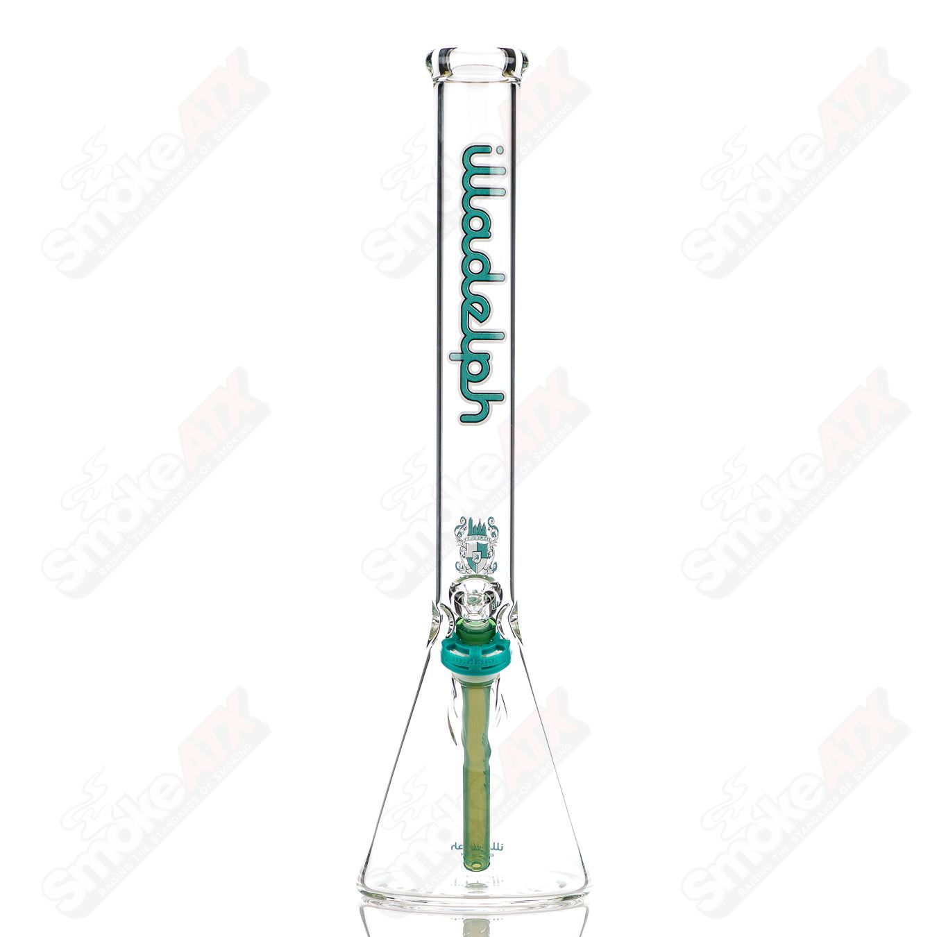 Medium teal glass beaker by Illadelph with 5mm thickness, featuring a classic beaker shape and clear glass construction.