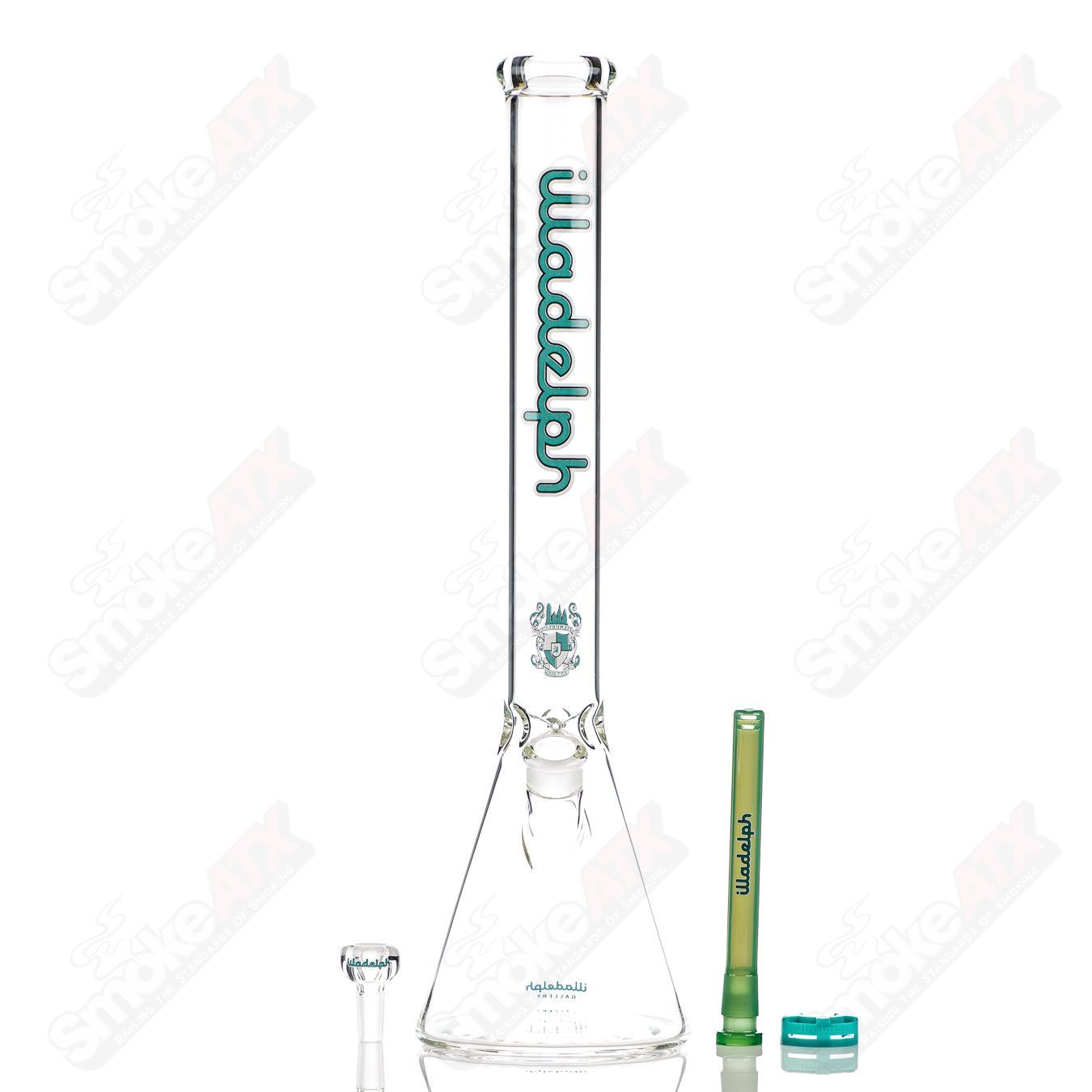 Illadelph 5mm teal medium glass beaker with clear lab-style design, featuring a cylindrical shape and sturdy base.