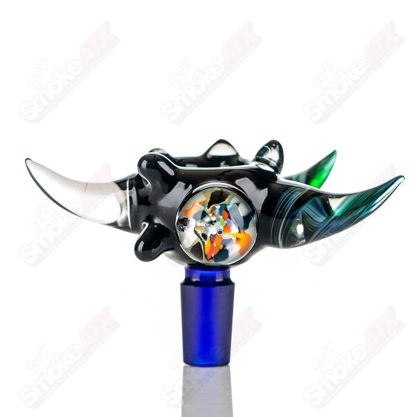 Colorful 14mm Horn Milli Bowl by JMass, heady glass piece with intricate full-color worked horn design for smoking accessories.