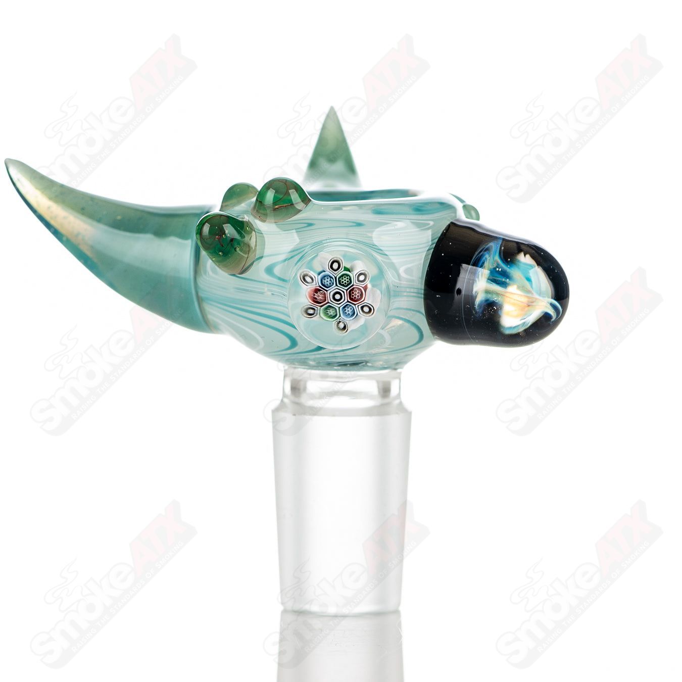 JMass 19mm full color worked horn Milli bowl for heady glass pipes, featuring vibrant horn design and detailed craftsmanship.