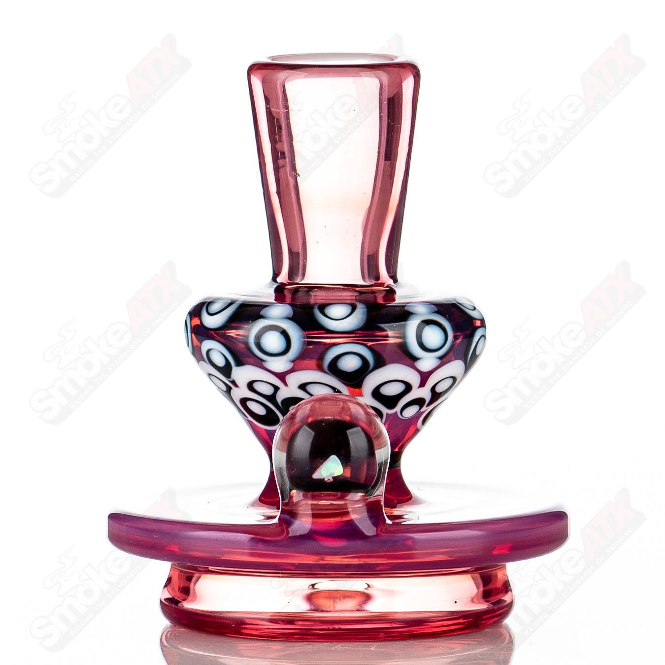 Heady glass Puffco top with six-dot stack design for Indo X, crafted by Geoff Made Glass, featuring colorful glass accents.