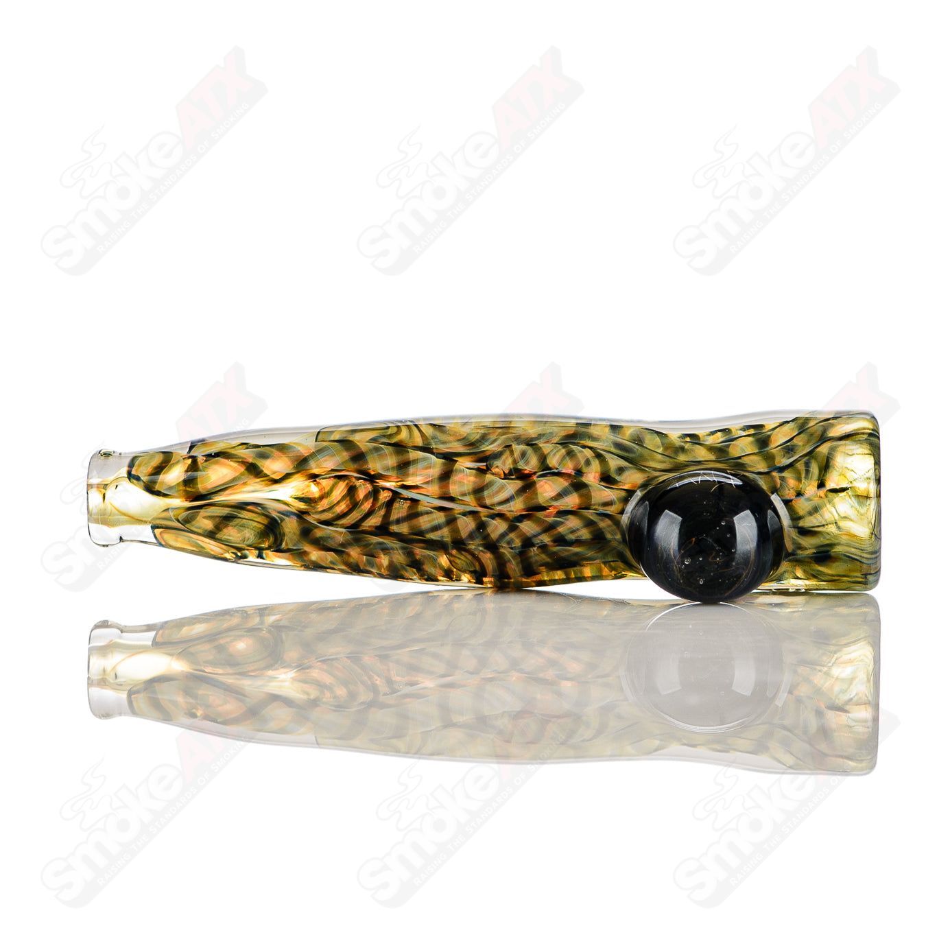 Signed JMK Glass #6 I/O Worked Chillum, clear glass smoking pipe with intricate worked details and signature engraving.