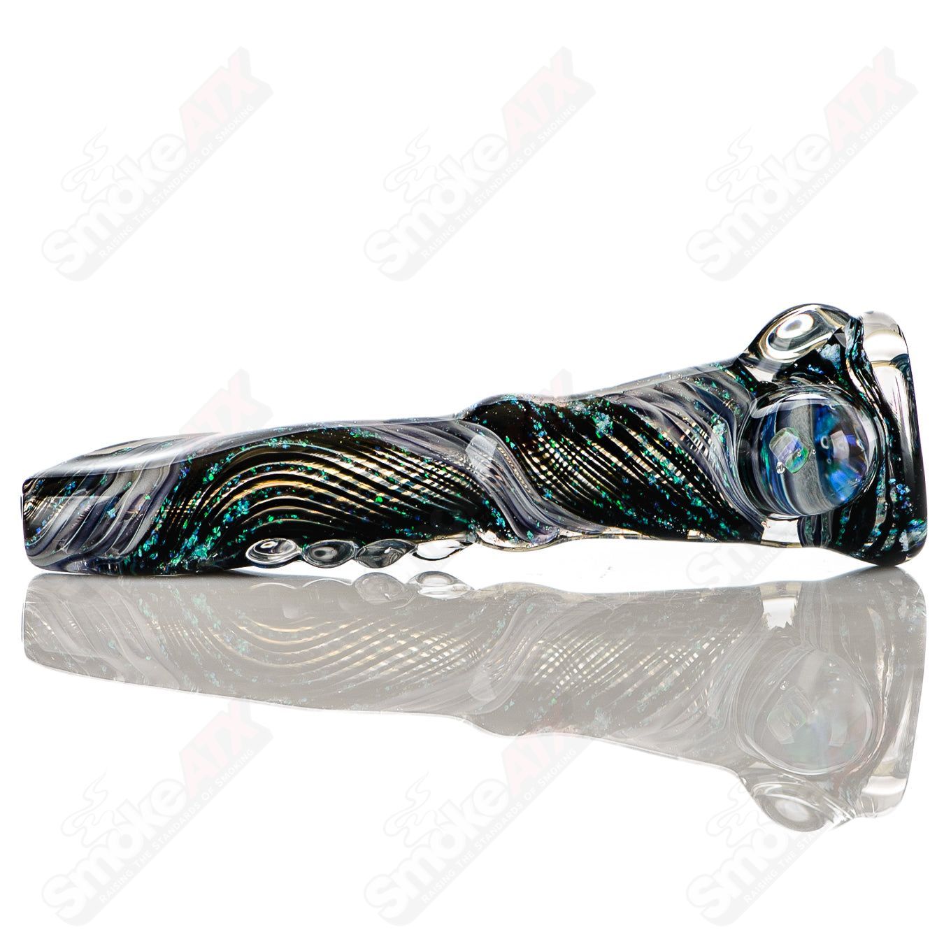 Glass chillum with opal accents from Rotational Science's #6 Opal Hitter collection, featuring a sleek, rounded design.