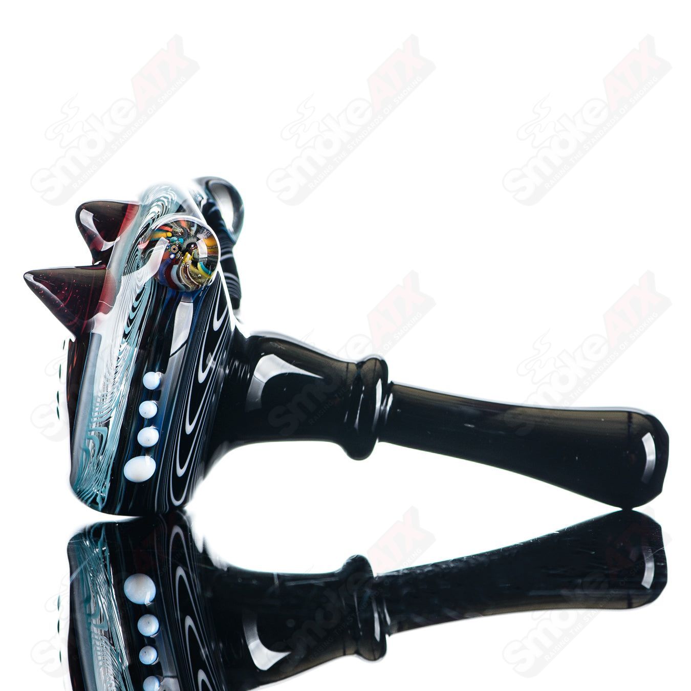 Six-piece glass spoon set with black mouthpieces by JMass, featuring clear heady glass hand pipes for smoking or display.