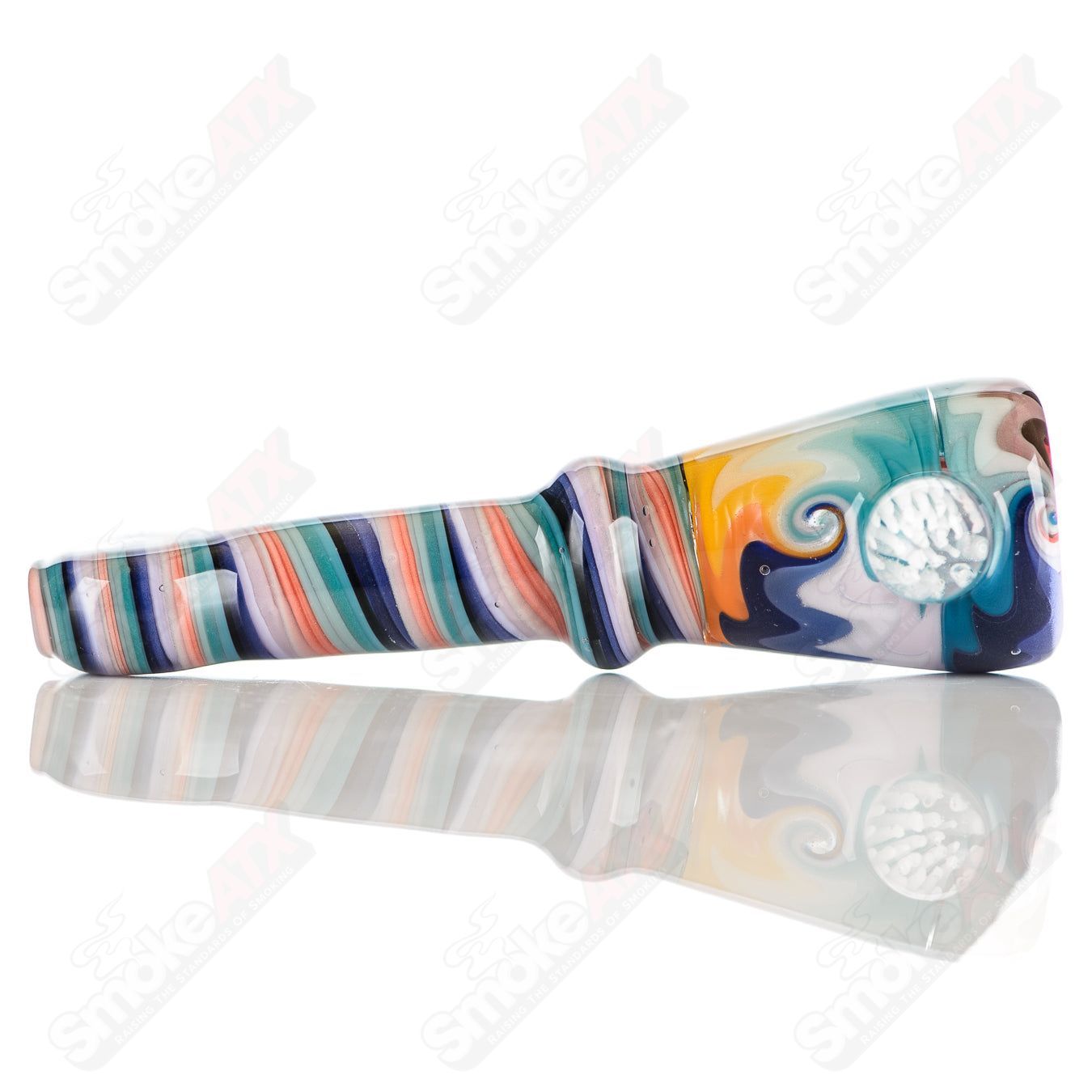 Katy Wright Glass Wig Wag Chillum, a colorful heady glass chillum with wig wag patterns, hand-blown art piece.