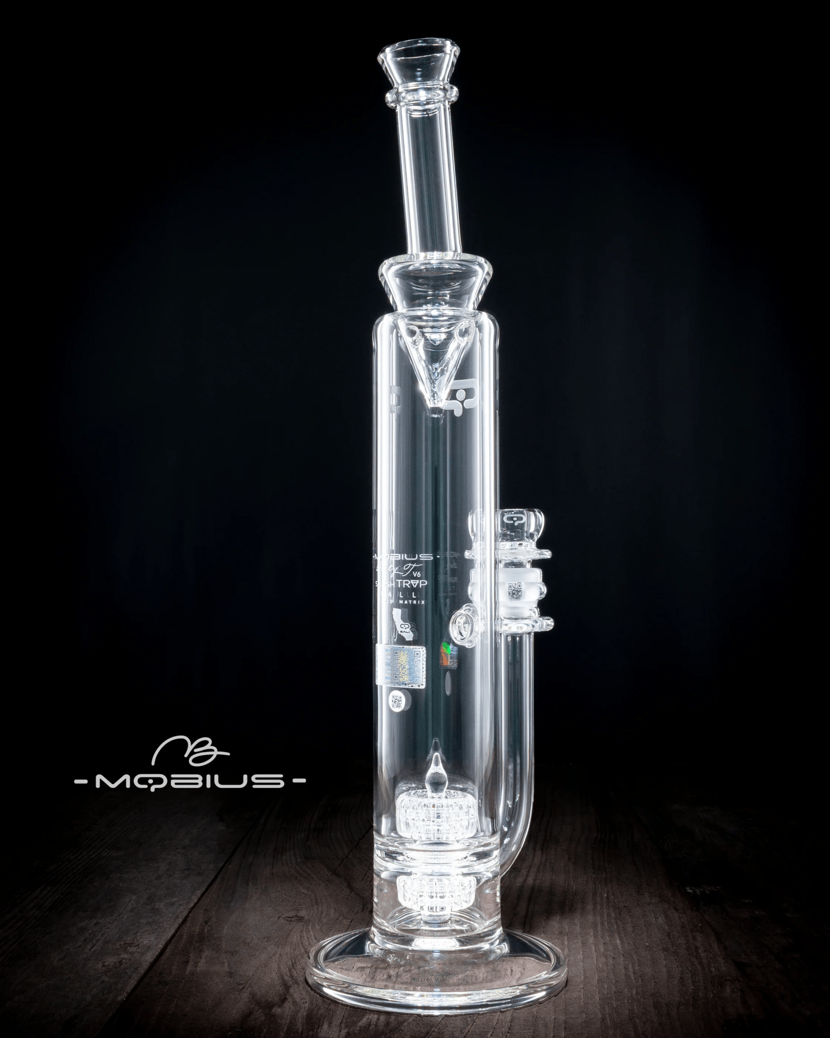 Clear Mobius 60T Tall Stereo Matrix waterpipe with splash trap V6, featuring a sleek glass design and intricate percolation system.