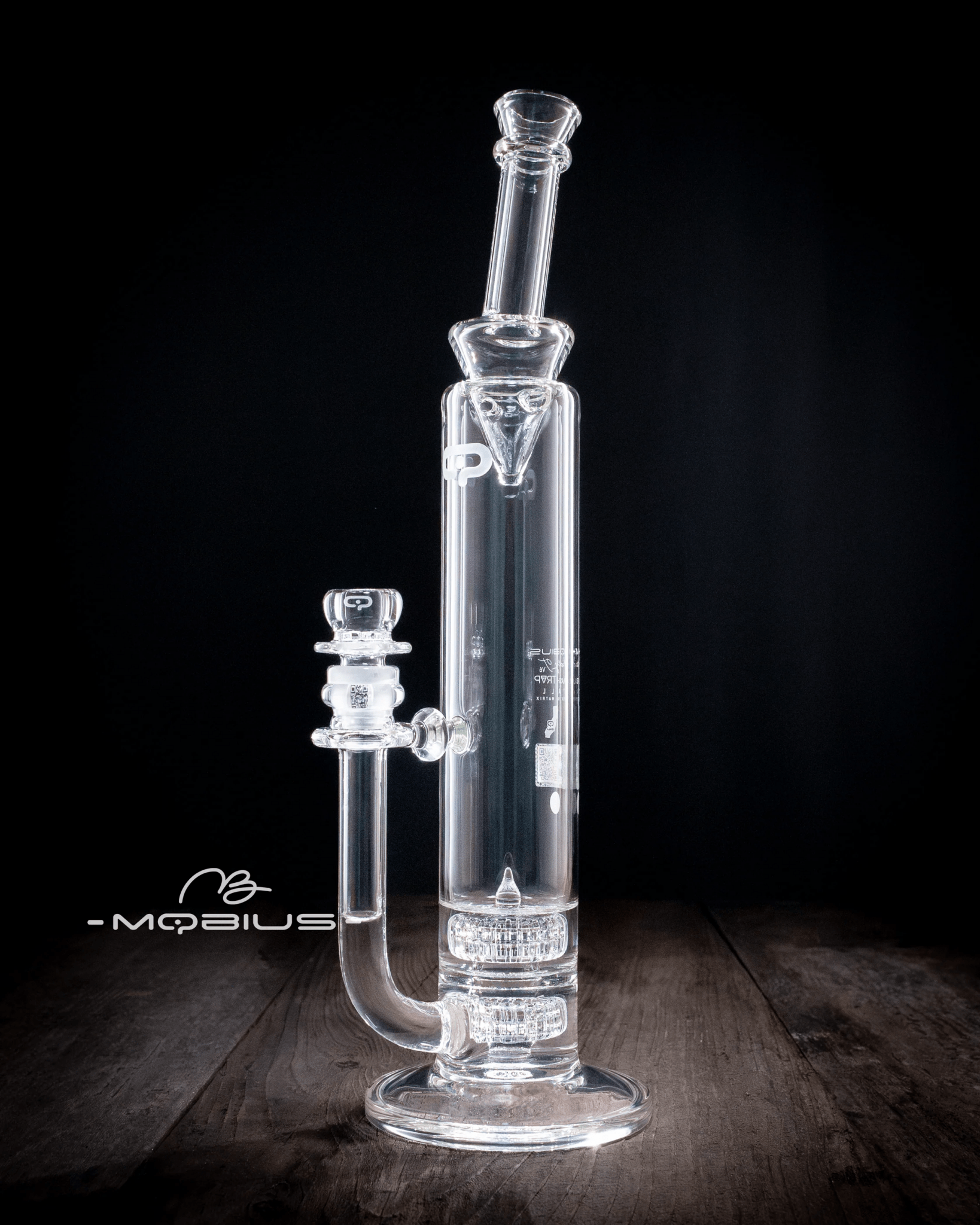 Clear Mobius 60T Tall Stereo Matrix Waterpipe with Splash Trap V6, featuring intricate glass design and durable construction.