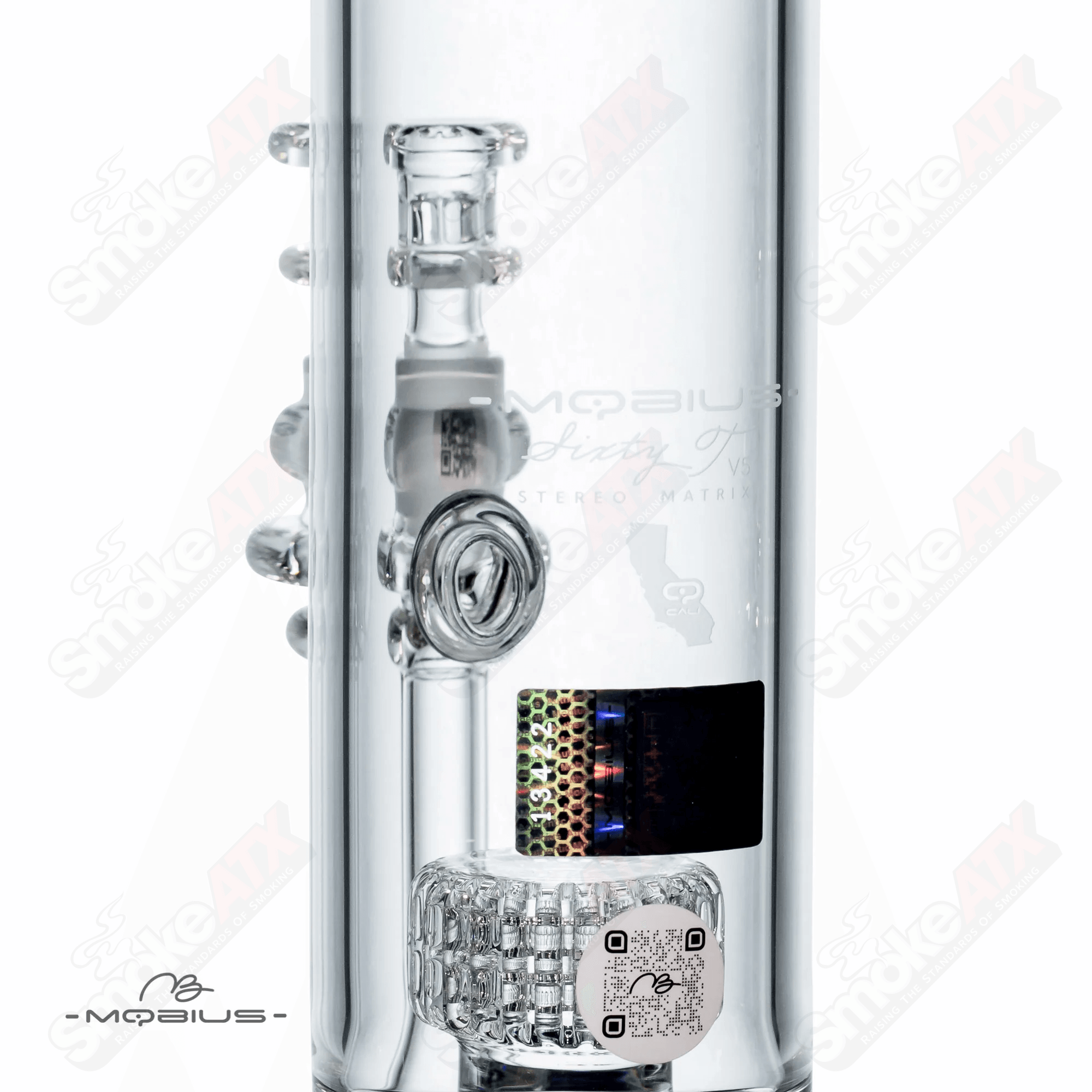 Mobius 60T V5 Stereo Matrix glass waterpipe with intricate design and clear glass construction for smooth smoking experience.