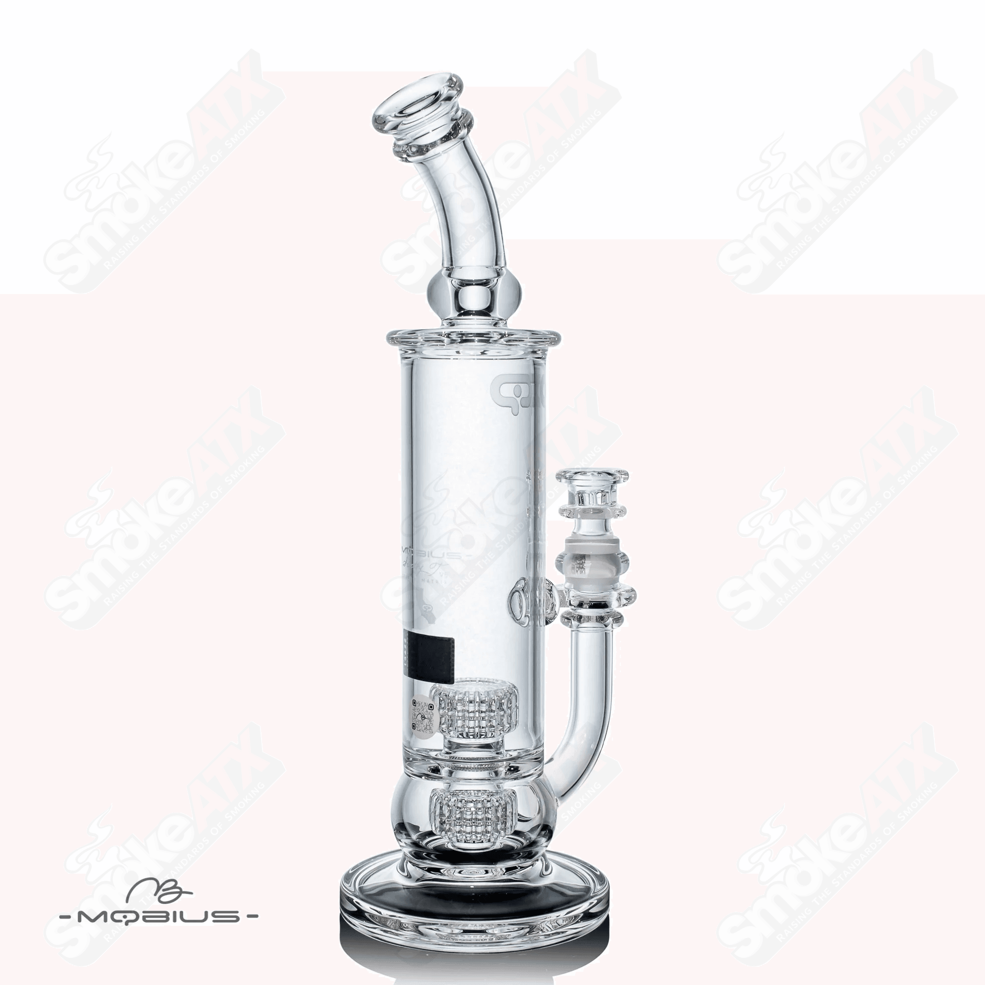 Glass waterpipe with stereo matrix design by Mobius, featuring a 60T V5 stereo matrix pattern on the Mobius waterpipe.