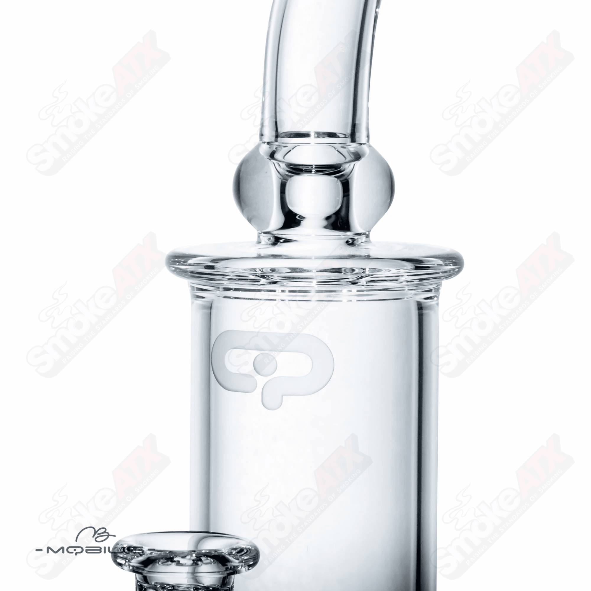 Glass waterpipe with 60T V5 Stereo Matrix design by Mobius featuring intricate glasswork and a clear, stylish waterpipe body.