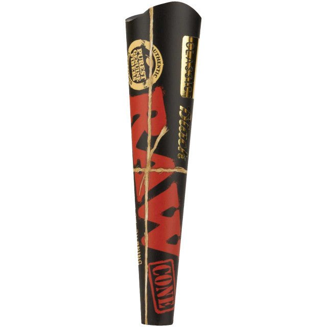 Six RAW 1 1/4 inch black rolling cones for cigarettes, arranged in a pack, used for rolling tobacco or herbs.