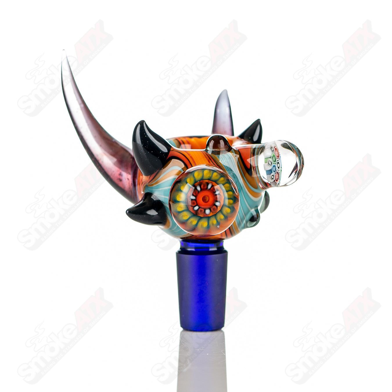 Colorful 14mm Horn Milli Bowl by JMass, vibrant heady glass design, clear glass with colorful horn pattern for smoking accessories