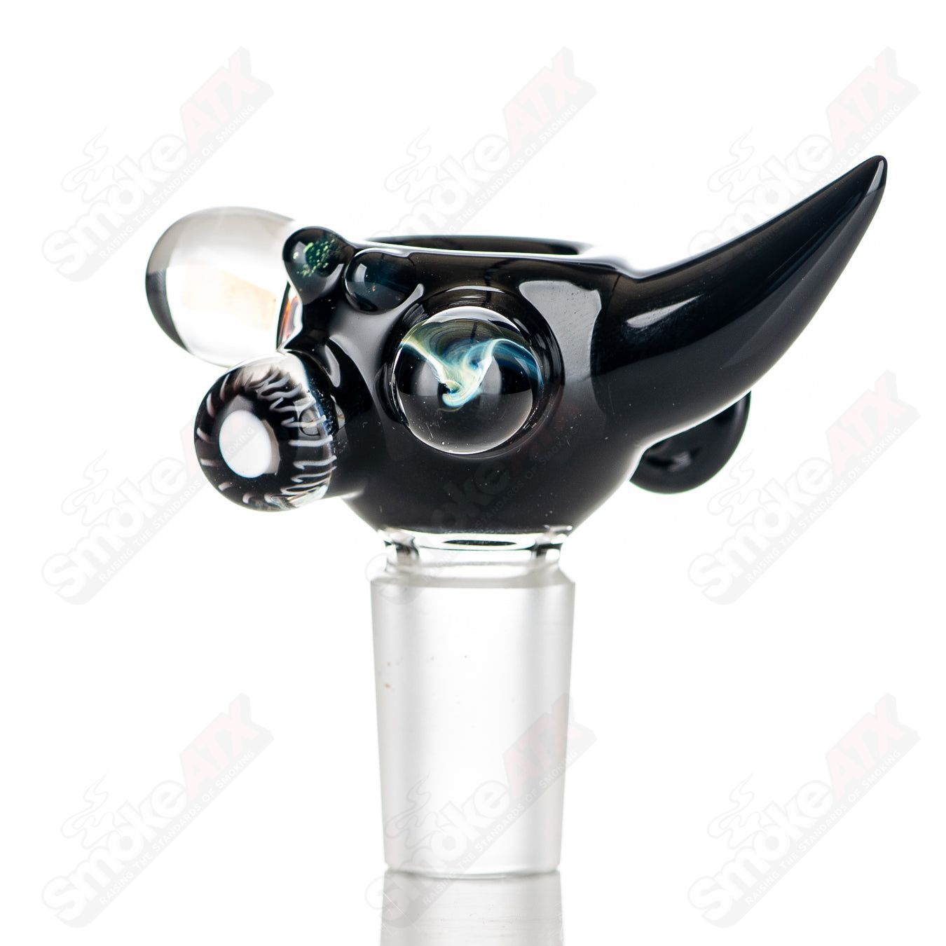 Colorful 19mm JMass Horn Milli Bowl for heady glass pipes with detailed worked horn design and vibrant full color accents.