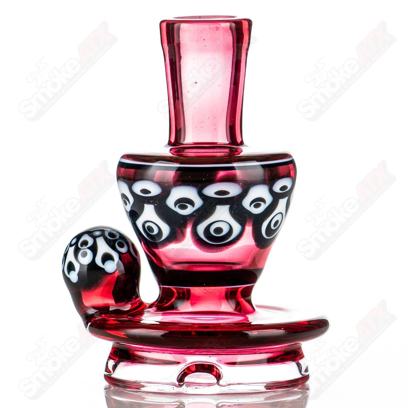 Heady glass Puffco top with 7-dot-stack design for Indo X, crafted by Geoff Made Glass, featuring colorful glass art and intricate details.