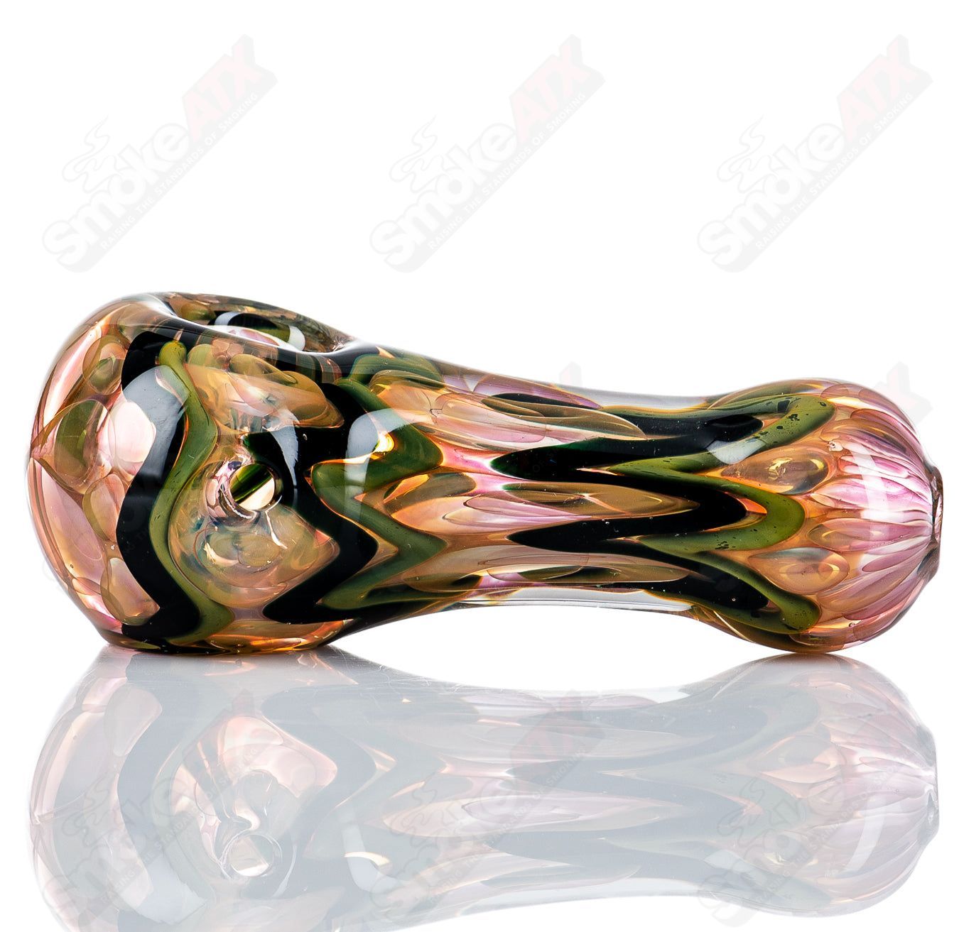 Glass pipe spoon with gold and silver fume design by Shane Smith, featuring a smooth, rounded bowl and sleek handle.