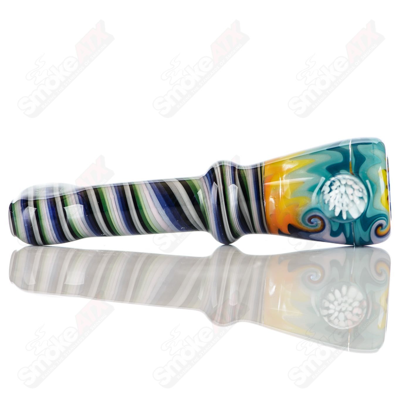 Katy Wright Glass Wig Wag Chillum, colorful heady glass pipe with wavy design, small hand-held chillum for smoking.
