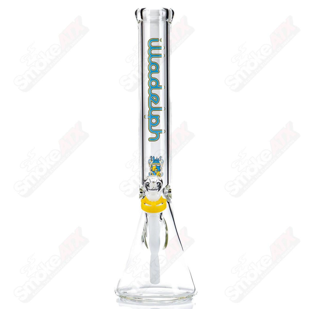 Illadelph 7mm short beaker glass bong in blue and yellow with a wide base and sturdy design, ideal for smooth smoking experiences.