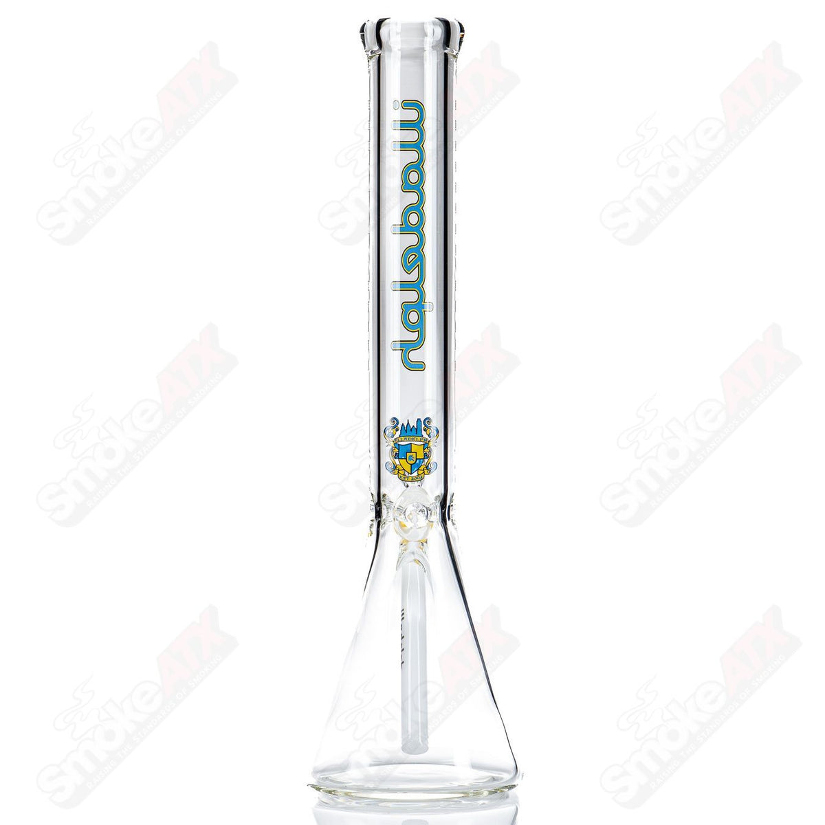 Blue and yellow 7mm short beaker glass from Illadelph, featuring a sturdy design and clear lab-style construction.